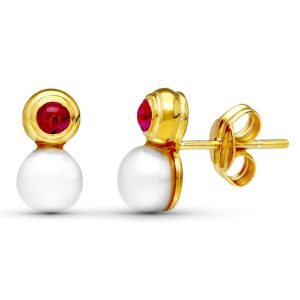 18K PENDIENTES ORO AMARILLO PERLA Y PIEDRA ROJA 10X5 MM CIERRE PRESION