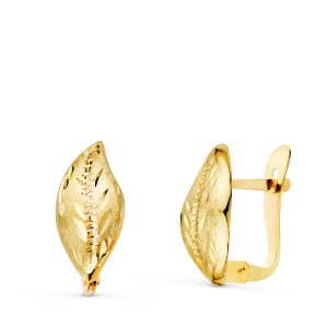 18K PENDIENTES ORO AMARILLO HOJA LAPIDADOS Y TALLADOS 13 X 6 MM. CIERRE CATALAN