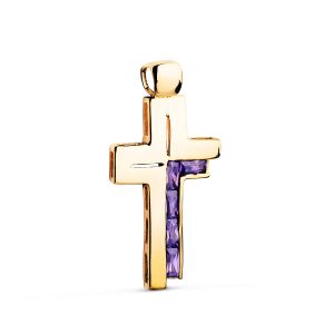 18K CRUZ ORO AMARILLO PIEDRAS BAGUETTE CIRCONITAS COLOR AMATISTA. 31 X 15 MM