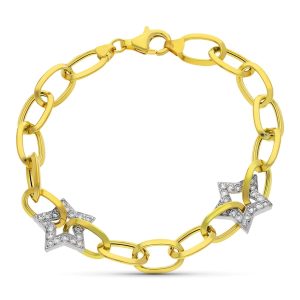 18K PULSERA ORO BICOLOR ESLABONES Y ESTRELLAS CIRCONITA 20CM