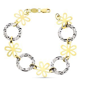 18K PULSERA ORO BICOLOR FLORES Y MOTIVOS REDONDOS CON ONDAS 20CM