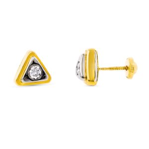 18K PENDIENTES ORO BICOLOR TRIANGULO CON CIRCONITA 8X8 MM CIERRE TUERCA