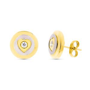 18K PENDIENTES ORO BICOLOR MATE Y BRILLO REDONDOS 11 MM CIERRE A PRESIÓN