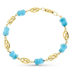 18K PULSERA ORO AMARILLO JAULA Y TURQUESA 20CM
