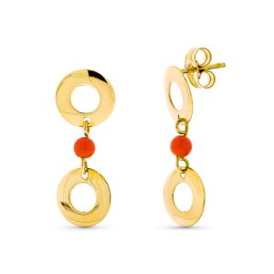 18K PENDIENTES ORO AMARILLO LARGOS DOS CIRCULOS Y CORAL CIERRE PRESIÓN