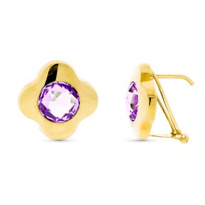 18K PENDIENTES ORO AMARILLO PIEDRA 8 MM AMATISTA 15 MM CIERRE OMEGA