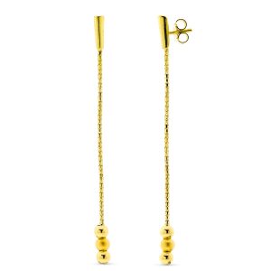 18K PENDIENTES ORO AMARILLO CON CADENA BARRA Y 3 BOLAS. CIERRE PRESION