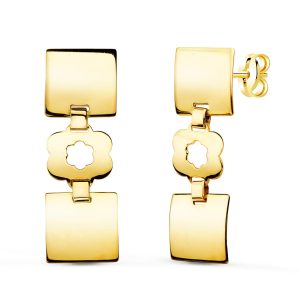 18K PENDIENTES ORO AMARILLO TRES CUERPOS CUADRADOS Y FLOR 32X10 MM PRESION