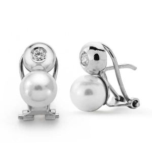 18K PENDIENTES ORO BLANCO PERLA CULTIVADA Y CIRCONITA 13X7 MM CIERRE OMEGA
