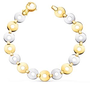 18K PULSERA ORO BICOLOR ESLABONES REDONDOS CON FLOR ANCHO 10 MM LARGO 19CM