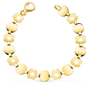 18K PULSERA ORO AMARILLO ESLABON REDONDO Y FLOR MATE ANCHO 10 MM LARGO 19.5CM