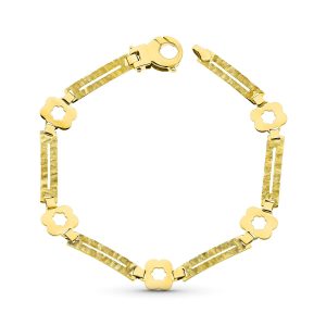 18K PULSERA ORO AMARILLO FLORES Y RECTANGULOS MATE Y BRILLO