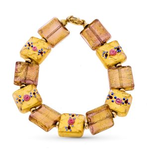 18K PULSERA ORO AMARILLO Y MURANO FLORES PORCELANA 19CM