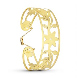 18K PULSERA RIGIDA ORO AMARILLO FLORES MEDIDA INTERIOR 62X55 MM ANCHO TOTAL 22 MM CIERRE MOSQUETON CON CADENA
