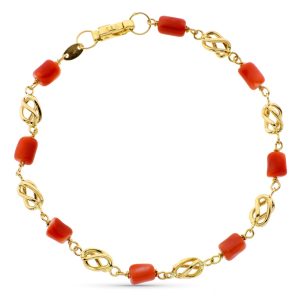 18K PULSERA ORO AMARILLO CON JAULAS Y CORAL FINO JAPONES 19CM