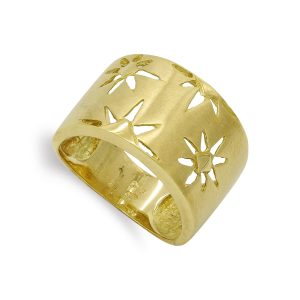 18K SORTIJA ORO AMARILLO MACIZA FLORES CALADAS MATIZADA. ANCHO: 13,5MM
