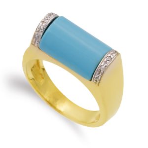 18K SORTIJA ORO BICOLOR PIEDRA TURQUESA FINA ANCHO 8.5 MM CUERPO 4 MM