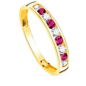 18K SORTIJA ORO AMARILLO 9 CIRCONITA BLANCAS Y ROJAS. ANCHO CUERPO 3.5 MM