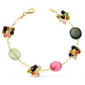 18K PULSERA ORO AMARILLO ESLABONES Y PIEDRAS DE COLORES. 18.5 CM