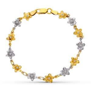18K PULSERA ORO BICOLOR FLORES 18.5 CM