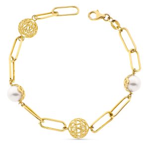 18K PULSERA ORO AMARILLO PERLA Y BOLAS CALADAS ANCHO 9 MM LARGO 19CM