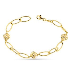 18K PULSERA ORO AMARILLO ENTREPIEZAS OVALES Y PERLA 8 MM