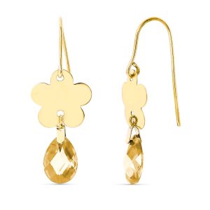 18K PENDIENTES ORO AMARILLO FLOR PIEDRA TOPACIO 10X7 MM CIERRE GANCHO