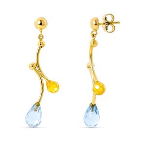 18K PENDIENTES ORO AMARILLO LARGOS PIEDRAS AGUAMARINA Y CITRINO CIERRE PRESION