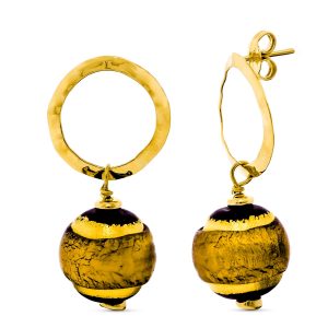 18K PENDIENTES ORO AMARILLO LARGO MURANO 14 MM TONOS MARRON CIERRE PRESION
