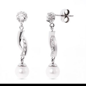 18K PENDIENTES ORO BLANCO Y PERLA CON GARRA DE CIRCONITA CIERRE PRESION