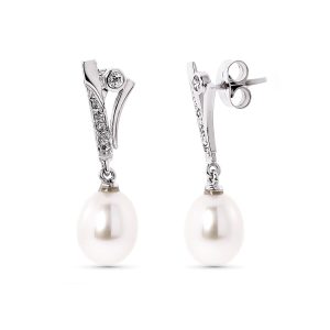 18K PENDIENTES ORO BLANCO PERLA PERA Y CIRCONITA CIERRE PRESION