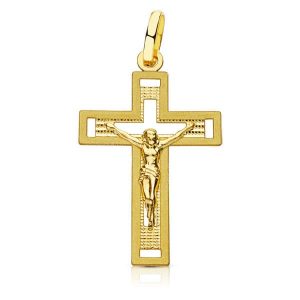 18K CRUZ ORO AMARILLO CON CRISTO TALLADA 28X17 MM