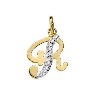 18K COLGANTE ORO BICOLOR LETRA R CIRCONITA 15X11 MM
