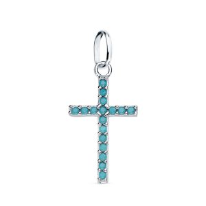 18K CRUZ ORO BLANCO CON PIEDRAS TURQUESAS. 16X10 MM