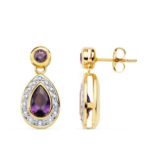 18K PENDIENTES ORO BICOLOR PIEDRAS AMATISTA 19X9 MM CIERRE PRESION