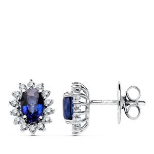 18K PENDIENTES ORO BLANCO ZAFIRO 6X4 MM 1,24 QT. 28 DIAMANTES LABORATORIO 0,28 QTS. VS2-G CIERRE PRESION 9,5X8 MM