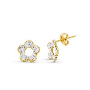 18K PENDIENTES ORO BICOLOR FLOR CIRCONITA 8X8 MM CIERRE PRESION