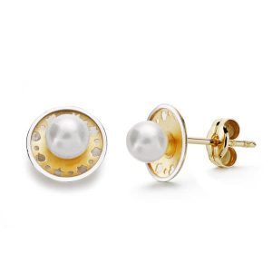18K PENDIENTES ORO BICOLOR REDONDOS Y PERLA 8 MM PRESION