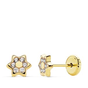 18K PENDIENTES ORO AMARILLO ESTRELLA 5 MM CIRCONITA CIERRE TUERCA