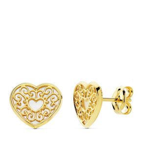 18K PENDIENTES ORO AMARILLO CORAZON NACAR 9X8 MM CIERRE PRESION