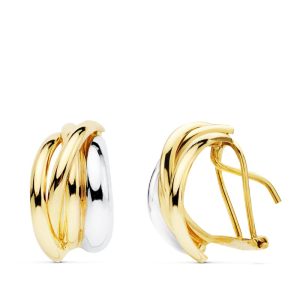 18K PENDIENTES ORO BICOLOR BANDAS 14X8 MM CIERRE OMEGA