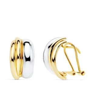 18K PENDIENTES ORO BICOLOR BANDAS 14X8 MM CIERRE OMEGA