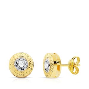 18K PENDIENTES ORO AMARILLO REDONDOS 7 MM CON GRECA Y CIRCONITA CIERRE PRESION