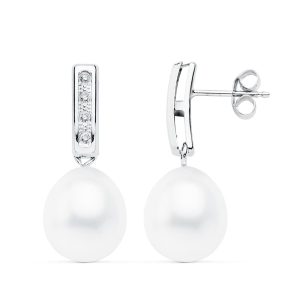 18K PENDIENTES ORO BLANCO PERLA 24X9 MM CIERRE PRESION