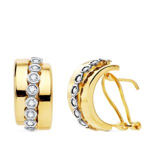 18K PENDIENTES ORO BICOLOR BANDAS 17X8 MM CIERRE OMEGA