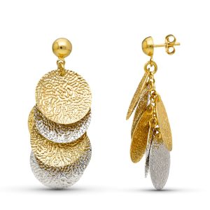 18K PENDIENTES ORO BICOLOR CIRCULOS LABRADOS CIERRE PRESION
