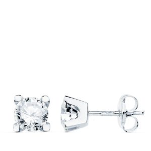 18K PENDIENTES ORO BLANCO CIRCONITA 5 MM 4 GARRAS CIERRE PRESION