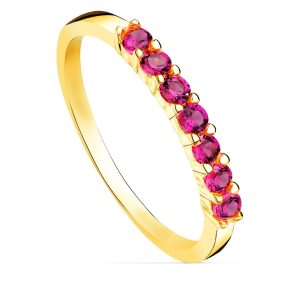 18K SORTIJA ORO AMARILLO 7 CIRCONITA ROJAS GARRAS ANCHO CUERPO 2 MM