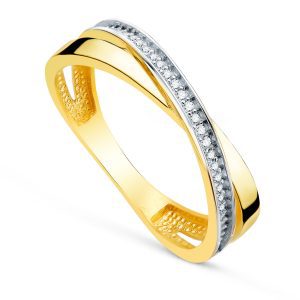 18K SORTIJA ORO BICOLOR BANDA CRUZADA CON CIRCONITAS. ANCHO: 4MM