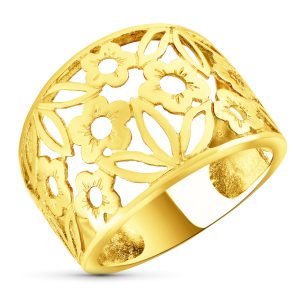 18K SORTIJA ORO AMARILLO FLORES CALADAS EN BRILLO. ANCHO: 16,5 MM